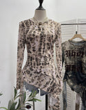 Real Shooting Babes Long Sleeves And Jersey Net Yarn Dye Printing Irregular Lotus Leaf Edge Ribbon Folding Top 9998