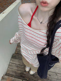 Korean Striped Oblique Shoulder Tulle Sunscreen T-Shirt Girl Summer Design Summer Seaside Wear Bare Shoulder