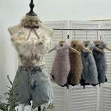 Real-Shooting Bow Hair Spliced Hanging Neck Vest Women In Autumn And Winter With Sleeveless Outside Wearing Short Babes Top 9309