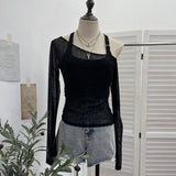 Two Sets With Chest Pad Sling Vest + Velvet Wave Dot Long-Sleeved Mesh T-Shirt Blouse Female 28273