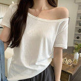 This Year's Popular Beautiful Temperament Shoulder Wide Collar Short-Sleeved T-Shirt Women's Summer 2025 New Blouse