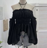 Han Jie Pure Want To Hang The Neck With A Word Shoulder Long Sleeve Blouse Folded Short Chiffon Shirt Female 9635