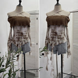 Real Shot Shoulder Cross Hanging Neck Knitting Mesh Yarn Coat Irregular Ribbon Horn Long-Sleeved T-Shirt 1101