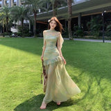 French Green Mesh Sling Dress Women's Summer Seaside Holiday Temperament To Repair Height And Waist-Coat Long Skirt