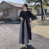 Fat Mm Large Size 300 Pounds Of Hepburn Style French Dress Summer Splicing Fake Two Loose Big Dress Woman