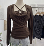 French Design Sense Hanging Neck Cross-Folded Long-Sleeved T-Shirt Inside The Fake Two-Piece Top Female 2767