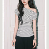 2025 Korean Version Of The Simple Unique Summer Short-Sleeved T-Shirt Women's Design Sense Of Niche Oblique Shoulder Thin Striped French Top
