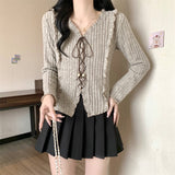 Sweet Babes V Tie With Long-Sleeved Knitted Shirt Girls Autumn New Wooden Ear Splicing Short Thin Niche Tops