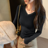 Unique Super-Looking Colliding Color Splicing V-Neck Long Sleeves With A Bottom Shirt Woman 2025 New Early Autumn Single T-Shirt Top