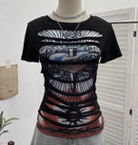 Vintage Rock Gothic 2025 Summer Dress Hole Design Feel Short-Sleeved Printed T-Shirt 26961