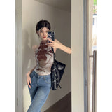 2025 Millennium Hottie Printed Hanging Neck Sling Vest Woman Summer Wearing Sleeveless Short Blouse