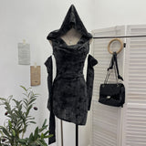 Real Shooting Wasteland Wind Makes Old Hole-Breaking Fabric Collared Hooded And Hip Dress With Cuff Cover Dress 9263