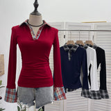 Vintage Check-In Polo Collar Spliced Long-Sleeved T-Shirt Grinder Slimy Wrinkle Bottom Shirt 1390