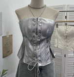 Vintage Punk With Chest Pad Anti-Slip Bar Bra Vest With Zipper Open Fork Short Top Female 6230