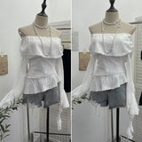 The Ballet Style Shoulder Fold Texture Texture Coat Irregularly Ribbon Horn Sleeve Short Shirt 1158