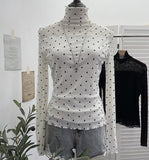Real Shooting With Thin Velvet Lining Of The Bottom Shirt Wave Dot Mesh Long Sleeve With Top Collar Slim T-Shirt Woman 2801