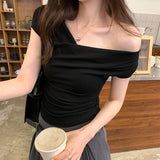 Real-Action Design Design Collar Slim Thin Elastic Short-Sleeved T-Shirt Women's Summer 2025 New Hot Girl Short Top