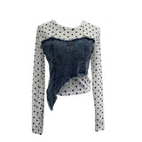 Po Point Mesh Splicing Irregular Raging Denim Long-Sleeved T-Shirt Short Slim Top 2617