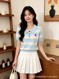 Vintage Style Stripe Polo Collar New British Style Summer Short-Sleeved Knitted Shirt Women's Casual Soft-Chamed Top