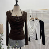Fake Two-Piece Squint Hanging Neck Tie Long Sleeves Jersey Hottie Tops Body Folded T-Shirt 2829