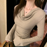 Design Sense Of Niche Folds Irregularly Collar Long-Sleeved T-Shirt Women's Spring And Autumn 2025 New Bottoming Shirt Repair Body