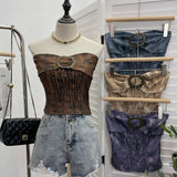 Old Style Retro Brae Waist-Dyed Wear Sexy Shoulder-Wrapped Sleeveless Top 8886