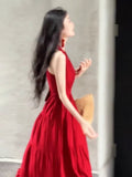 Seaside Holiday Red Hanging Neck Sling Dress Women's Early Summer New Beautiful Body-Clawed Beach Dress