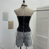 Punk Babes Hollow Strapped Braped Pu Skin Top Female Tight Sexy Short Hanging Neck Vest 2765