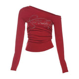 Thailand Southeast Asian Trend Temperament Hot Girl Style Black Hot Diamond Long Sleeve T-Shirt Women Collar Off Shoulder Repair Body