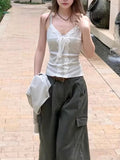 Korean Babes V-Neck Lace Splicing Tie Sling Vest Women's Summer Design Sense Slime Body Top