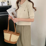 Fashion Embroidered Collar Half Zipper Short-Sleeved Sweater Knitted Women's Spring New Languid Top Casual