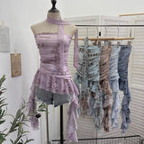 Real Shooting Spice Girls Irregular Lotus Leaf Side Ribbon With Non-Slip Strip Mesh Printing Chest Vest 8037