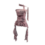 Real Shooting Spice Girls Irregular Lotus Leaf Side Ribbon With Non-Slip Strip Mesh Printing Chest Vest 8037