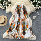 Vintage Print 100 Folds Loose Waist Fashion Half-Dress Women High-Waist A Skirt Commuting Big Hanging Long Skirt Summer