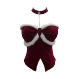 Real Shooting Christmas Birthday Red Hanging Neck Hair With Chest Pads Bra Vest Open Fork Short Coat 9318
