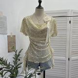 Hanging Neck Tie Fake Two Short-Sleeved T-Shirt Three-Dimensional Flower Folding Irregular Lotus Leaf Side Top Lady 1203