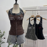 Real Shooting Babes Hanging Neck Pu Embroidered Sling Sling Vest One-Swaive Zipper Short Sleeveless Top 1366