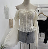 Real Shot Bow Strap Design Sense Shoulder Long Sleeve Chopped Sleeves Wreavage Horn Cuffed Chest Cushion Top 9639