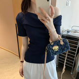 Korean Hottie Twisty Fold Design Tilt Shoulder Short-Sleeved T-Shirt Girl 2025 Summer New Pure Lust-Loan Shoulder Coat