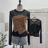 Real Shooting Spice Girls Irregular Hairy Denim Splicing Perspective Mesh Long Sleeves Bottom Shirt Short T-Shirt 8978