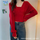Design Sense V-Neck Fake Two Short Knitted Shirt Girls Beware Of The Machine Collar Bone Thick Sweater Long-Sleeved Top