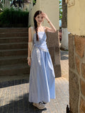 Gentle Style Temperament Blue Lattice Slinged Skirt Women's Summer New French High-End Waist Dress