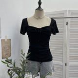 Solid Shot Bow Wave Point Elastic Summer New Short-Sleeved T-Shirt Pinch Folding Body Collar Mesh T-Shirt 28312