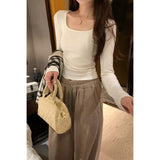 Korean Folded Waist Collar Long-Sleeved T-Shirt Women Commute Early Autumn New Unique Beautiful Short Top