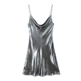 Spring 2025 New Fashion Temperament Low-Collar Bare Back Metallic Sling Dress Woman