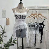 Real Shooting Lace Sling Vest Irregular Ribbon Hot Wear Print Short-Sleeved Top 1193