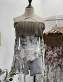 Real Shot Shoulder Cross Hanging Neck Knitting Mesh Yarn Coat Irregular Ribbon Horn Long-Sleeved T-Shirt 1101