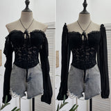 Real Shot French Lantern With Chest Tender Tops With Cuffed Shoulders With Dark Band Lace T-Shirt 8121