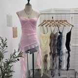 Real Shooting Thrombial Rivet Sling Skirt Design Lotus Side Ribbon Ribbon Vest Dye Net Yarn Sleeveless Top Lady 1275