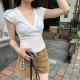 Yu Sister Lightly Familiar With The Beauty Of The Lace Side Deep V-Neck Short-Sleeved T-Shirt Girl Summer Han Sining Beautiful Wearing Belt With A Coat